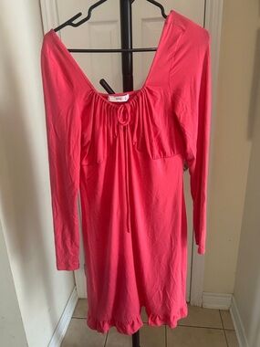 Long Sleeve Tie-Neck Ruffle Hem Dress in Coral Pink